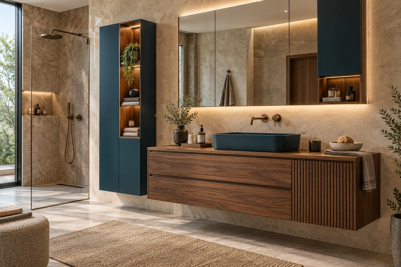 Bej ve ceviz tonlarında banyo mobilyaları