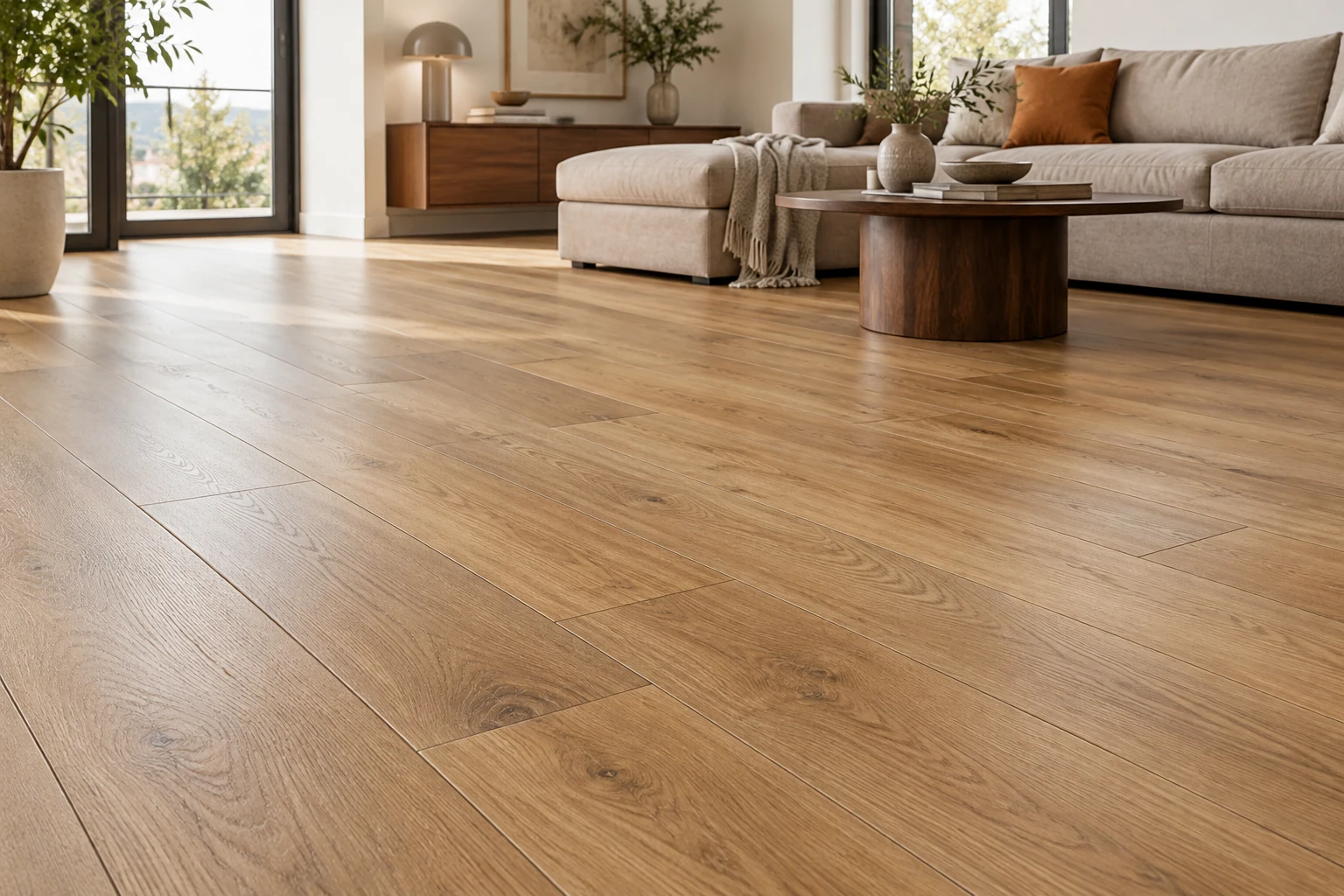 Doğal meşe desenli laminat parkenin damar ve birleşim detayları